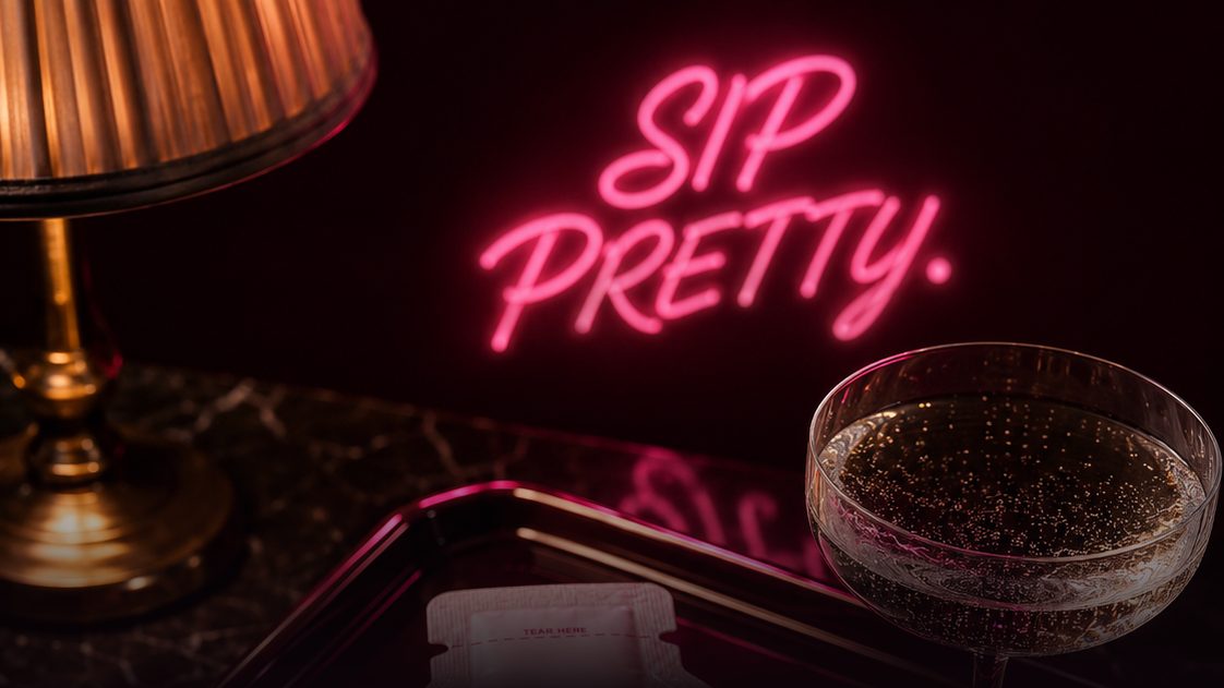 Pretty Shot SKIN sachet on a lacquer bar tray beside a champagne coupe, under a neon sign reading Sip Pretty.